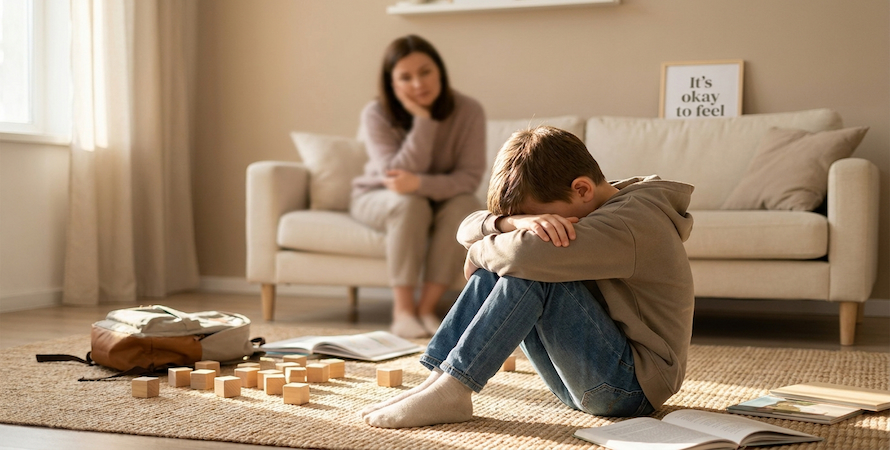 child sitting alone showing signs of emotional distress and frustration associated with disruptive mood dysregulation disorder DMDD with a caring adult present in the background