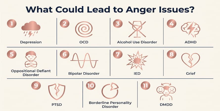 infographic showing 11 causes of anger issues including depression OCD alcohol use disorder ADHD bipolar disorder IED grief PTSD borderline personality disorder and DMDD