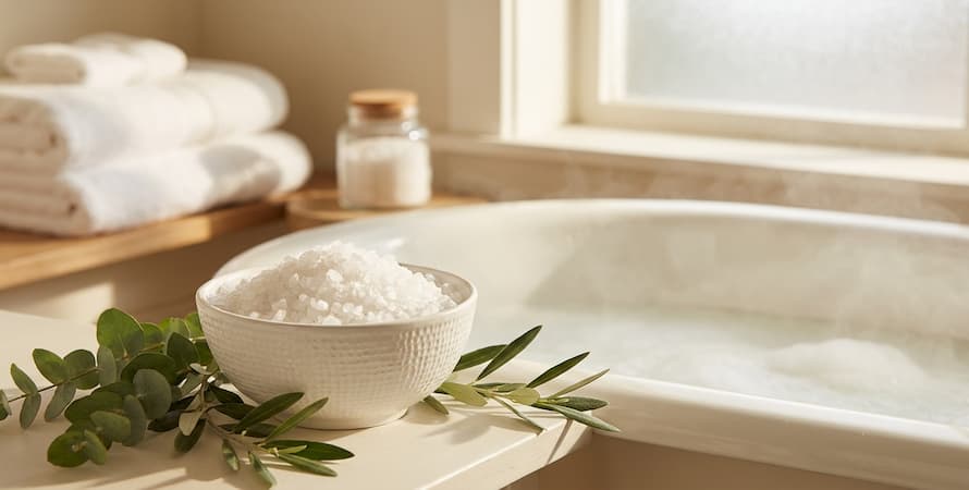 white ceramic bowl of epsom salt crystals beside a warm bathtub with eucalyptus for arthritis joint pain relief