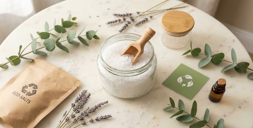 eco-friendly epsom salt stored in reusable glass jar with recyclable packaging and natural biodegradable ingredients for sustainable use