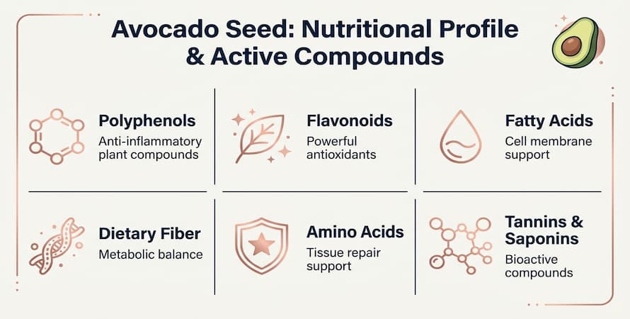 infographic showing avocado seed nutritional profile and active compounds including polyphenols flavonoids fatty acids dietary fiber amino acids tannins and saponins