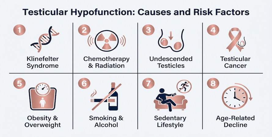 Illustration of the causes and risk factors for testicular hypofunction.