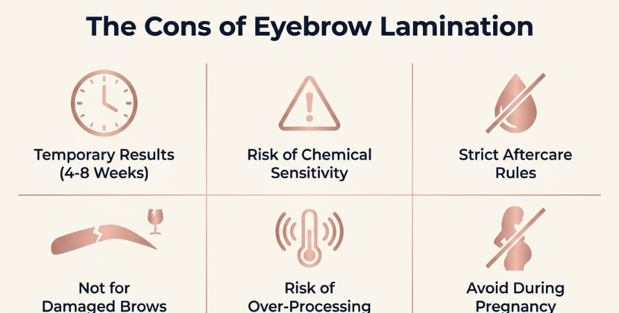 infographic showing the cons of eyebrow lamination including chemical sensitivity temporary results aftercare restrictions and pregnancy precautions
