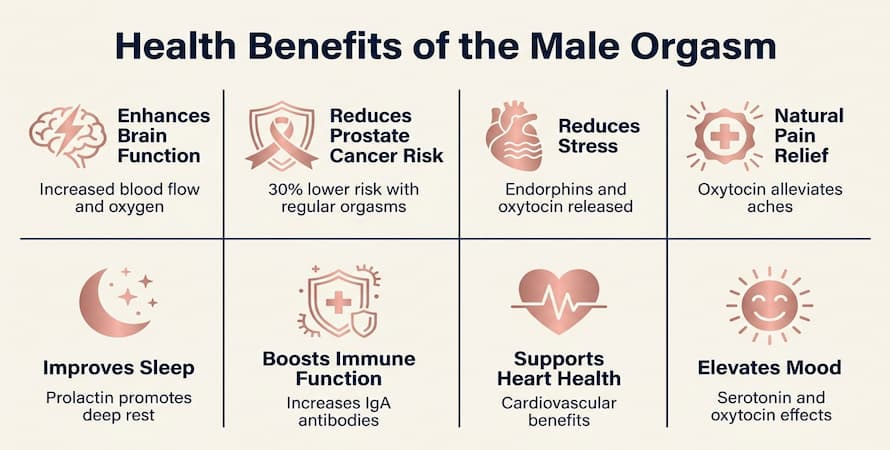 infographic showing eight health benefits of male orgasm including reduced stress prostate cancer risk pain relief better sleep improved mood immune function brain health and heart health