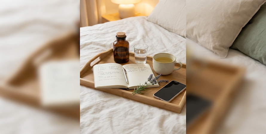 evening wind-down routine for better sleep showing supplement bottle chamomile tea journal lavender and phone face-down on a wooden bedside tray