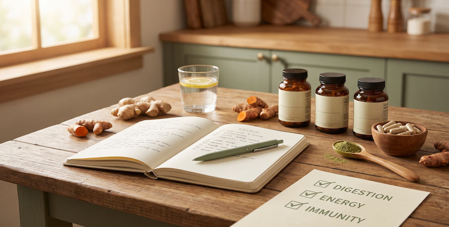 lifestyle flatlay showing personalised gut health supplement routine with supplement bottles probiotic capsules greens powder symptom tracking notebook and glass of water on wooden table