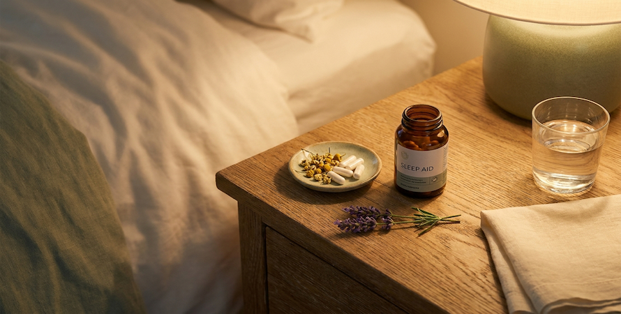 natural sleep support for adults including lavender chamomile and magnesium capsules on a wooden bedside table with warm lamp light