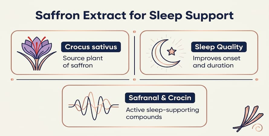infographic showing saffron extract Crocus sativus as a natural sleep support ingredient highlighting safranal crocin compounds and sleep quality benefits