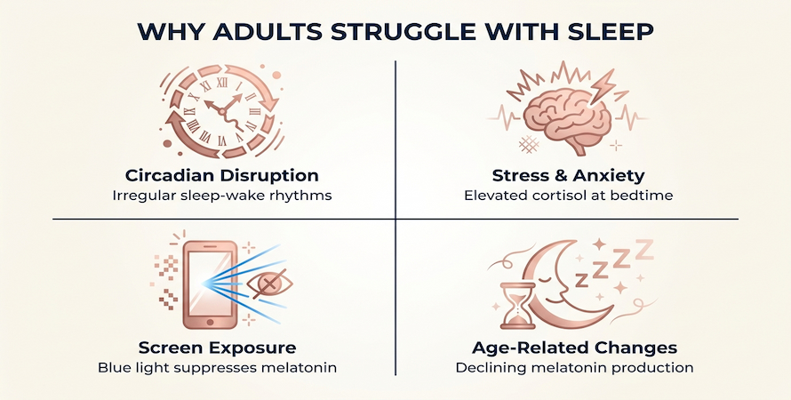 infographic showing why adults struggle with sleep including circadian disruption stress and anxiety screen exposure and age-related melatonin decline