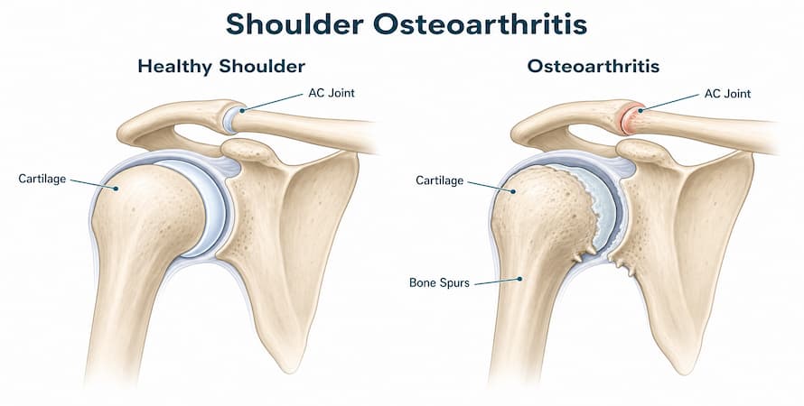 Two shoulder cross-sections comparing a healthy joint with smooth cartilage to an osteoarthritic joint with worn cartilage and bone spurs