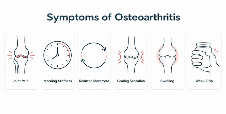 Six icons showing osteoarthritis symptoms: joint pain, morning stiffness, reduced movement, grating sensation, swelling, and weak grip